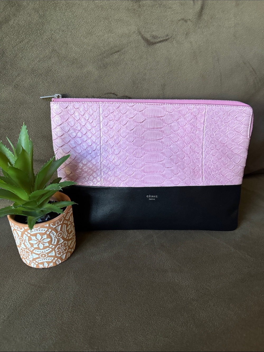 Celine Python Pink Embossed Leather & Black Leather Large Zip Clutch/Pouch